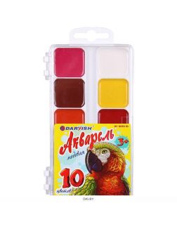 Краски акварельные Darvish «Попугай» 10 цв, медовые б/к пластиковая упаковка