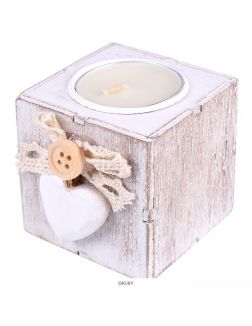 Свеча в деревянном  кубе с декором сердце, цвета в ассортименте (арт. 033671)