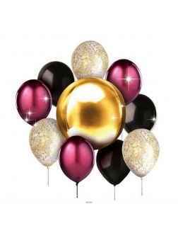 НАБОР ШАРИКОВ резиновых надувных «Золотой шик» : 11 шаров, лента, конфетти (арт. 25648944, код 160391)