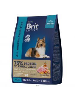 Brit Premium сухой корм для взрослых собак всех пород с чувствительным пищеварением «Sensitive» с ягненком и индейкой , 3кг