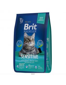 Корм сухой для взрослых кошек c чувствительным пищеварением с ягненком и индейкой Brit Premium Sensitive, 2 кг