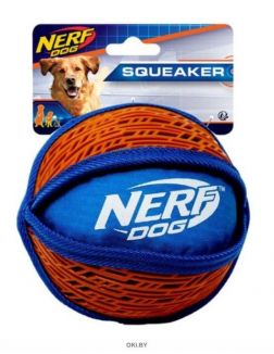 Игрушка для собак «Мяч нейлоновый пищащий с узором» Nerf 15 см (синий/оранжевый)